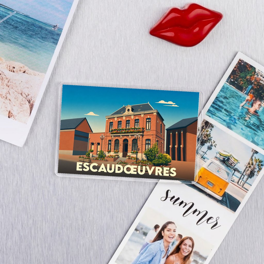 Magnet souvenir de la ville d'Escaudœuvres avec une illustration stylisée de son hôtel de ville.