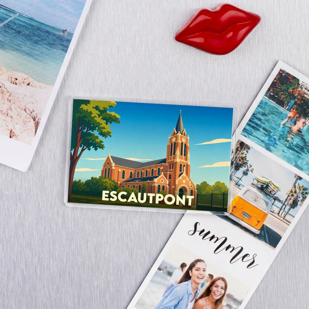 Magnet souvenir de la ville de Escautpont avec une illustration stylisée de son église.