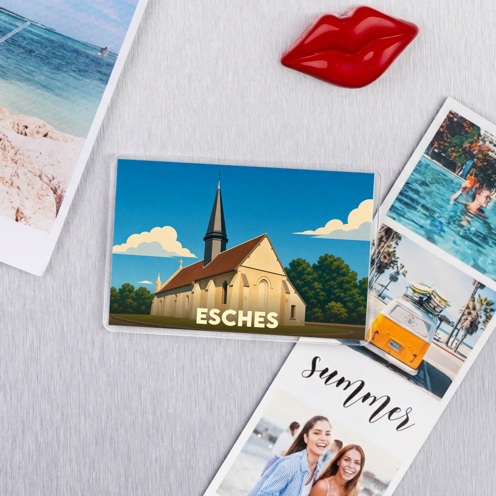 Magnet souvenir de la ville de Esches avec une illustration stylisée d'une église.