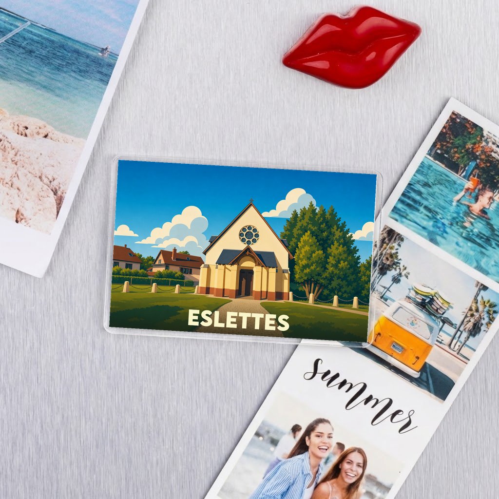 Magnet souvenir de la ville de Eslettes avec une illustration stylisée d'une église.