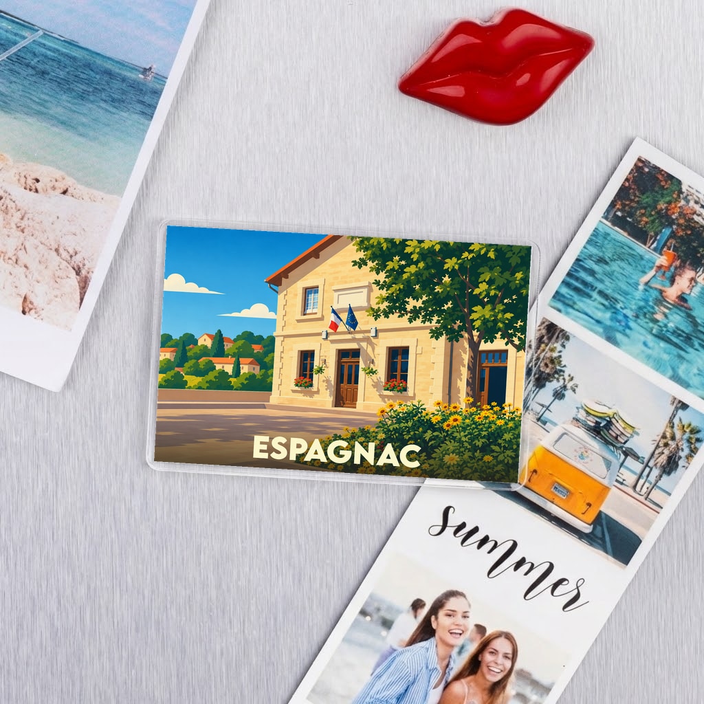Magnet souvenir de la ville d'Espagnac avec une illustration stylisée de sa mairie.