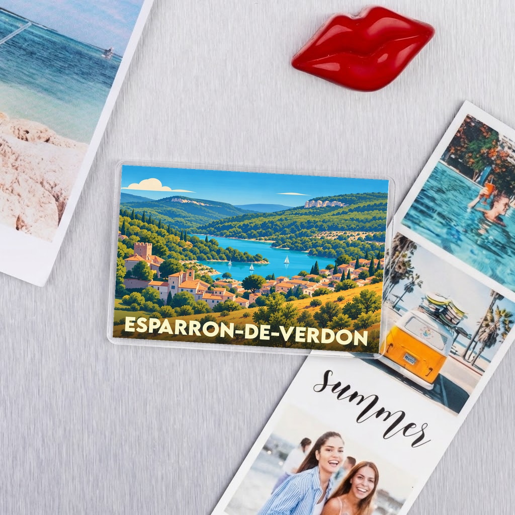 Magnat souvenir de la ville d'Esparron-de-Verdon avec une illustration colorée du village bordant le lac.