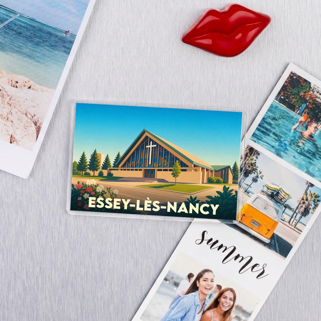 Magnet souvenir de la ville d'Essey-lès-Nancy avec une illustration stylisée d'une église moderne.