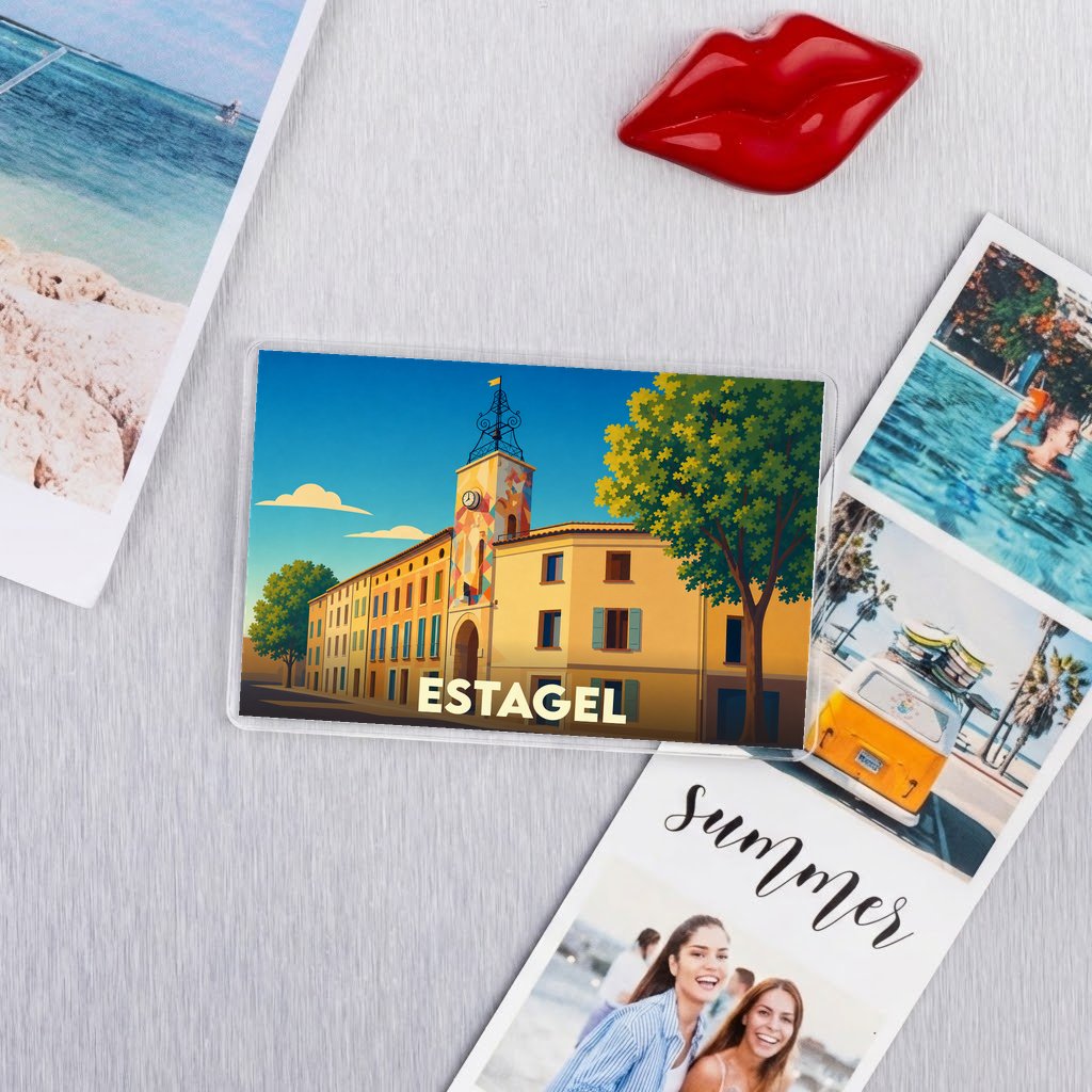 Magnet souvenir de la ville de Estagel avec une illustration stylisée de son architecture.