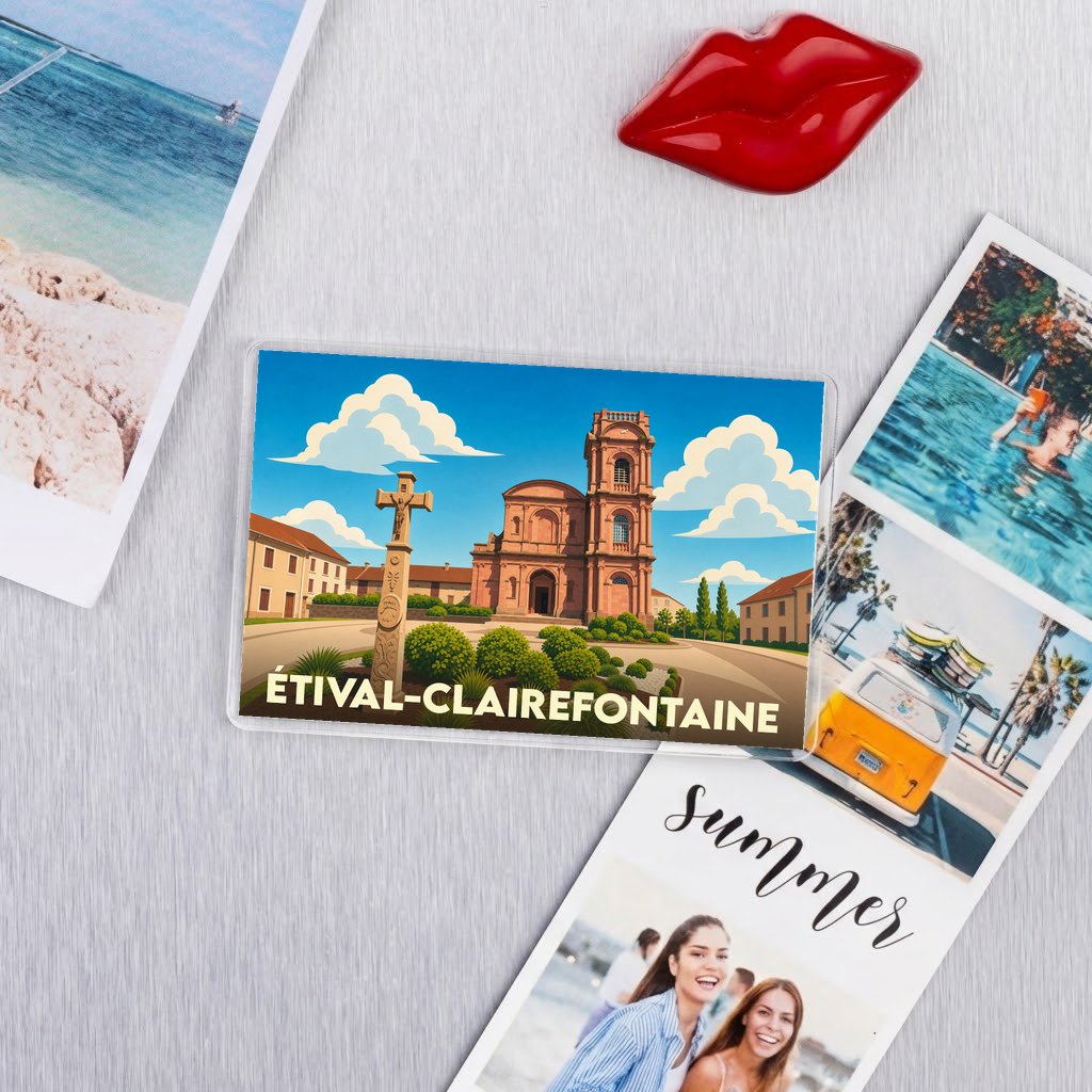 Magnet souvenir de la ville de Étival-Clairefontaine avec une illustration stylisée de son abbaye.