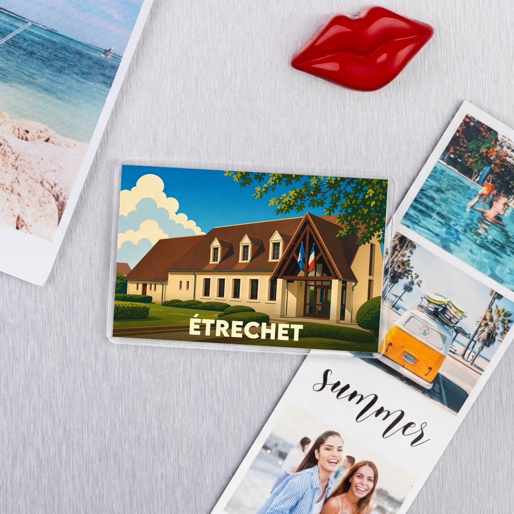 Magnet souvenir de la ville d'Étrechet avec une illustration stylisée de sa mairie.