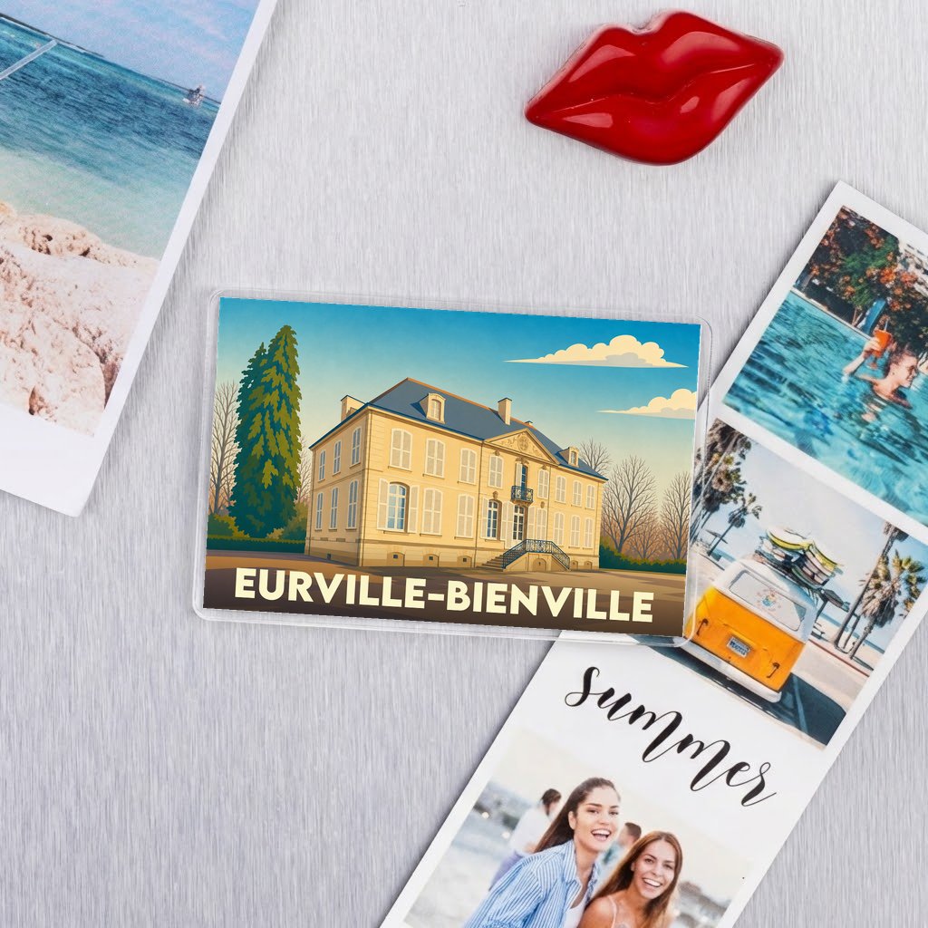 Magnet souvenir de la ville d'Eurville-Bienville avec une illustration stylisée d'un château.