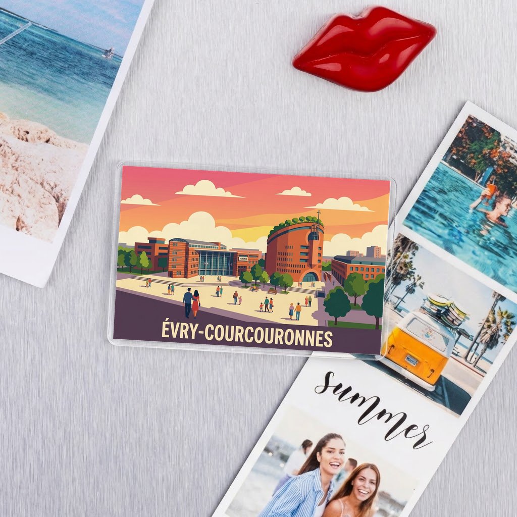 Magnet souvenir de la ville de Évry-Courcouronnes avec une illustration colorée et stylisée.