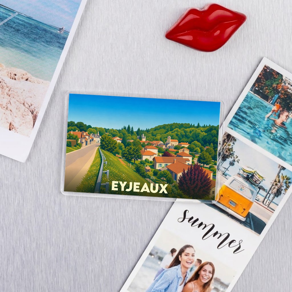 Magnet souvenir de la ville de Eyjeaux avec une illustration stylisée.