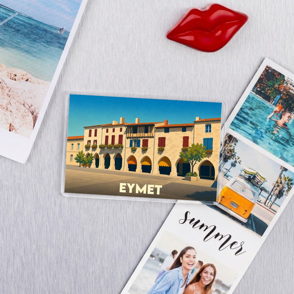 Magnet souvenir de la ville d'Eymet avec une illustration stylisée de sa place centrale.