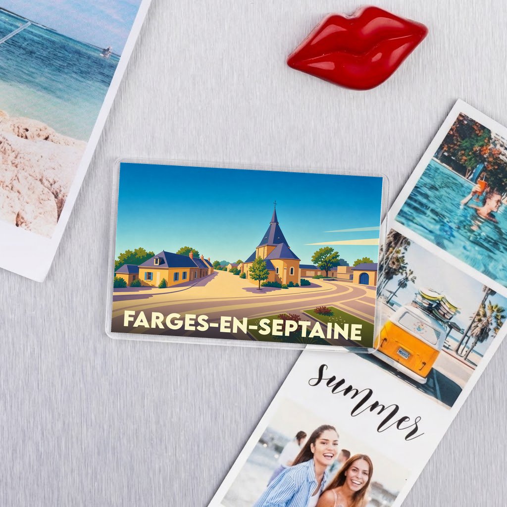 Magnet souvenir de la ville de Farges-en-Septaine avec une illustration stylisée.