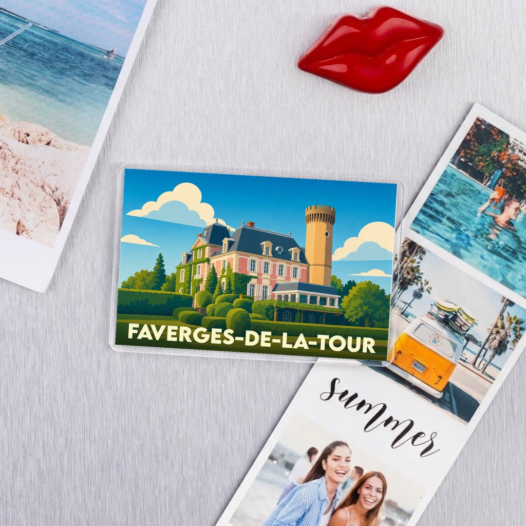 Magnet souvenir de la ville de Faverges-de-la-Tour avec une illustration stylisée d'un château.