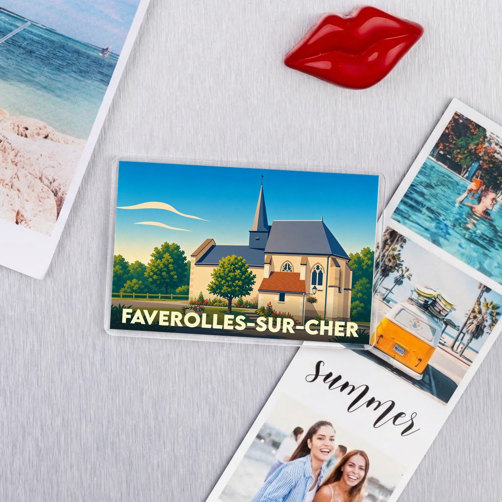 Magnet souvenir de la ville de Faverolles-sur-Cher avec une illustration stylisée de son église.