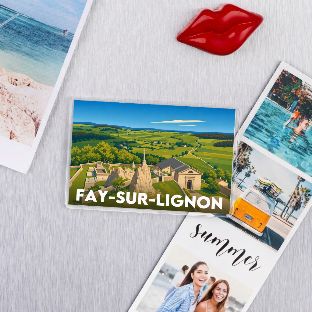 Magnet souvenir de la ville de Fay-sur-Lignon avec une illustration stylisée.