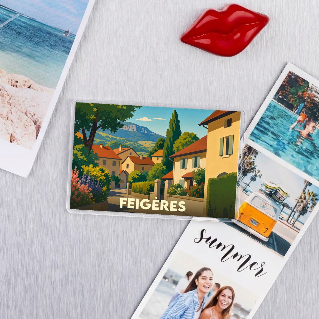 Magnet souvenir de la ville de Feigères avec une illustration stylisée.