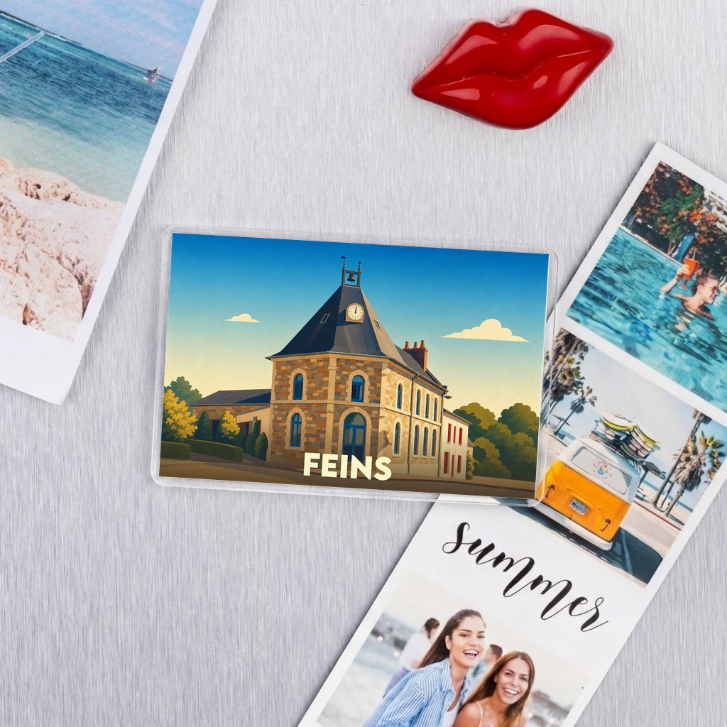 Magnet souvenir de la ville de Feins avec une illustration stylisée de son bâtiment emblématique.