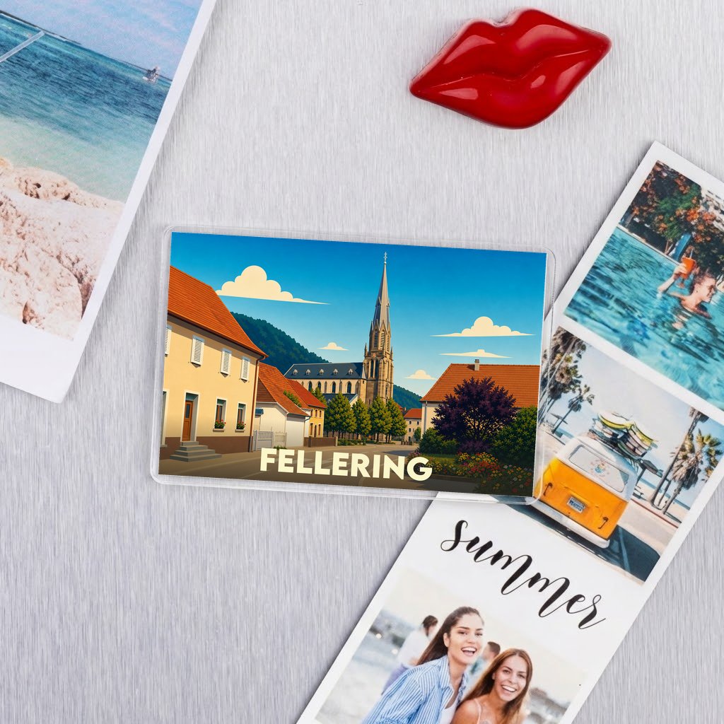 Magnet souvenir de la ville de Fellering avec une illustration stylisée de son église et de ses maisons.
