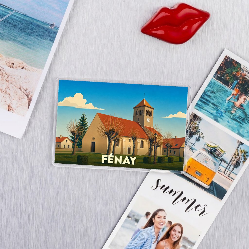Magnet souvenir de la ville de Fénay avec une illustration stylisée.