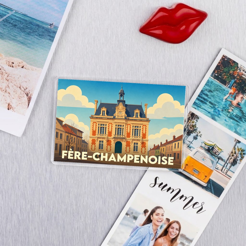 Magnet souvenir de la ville de Fère-Champenoise avec une illustration stylisée de son hôtel de ville.