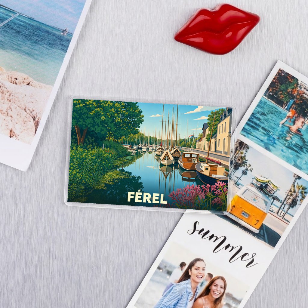 Magnet souvenir de la ville de Férel avec une illustration stylisée.