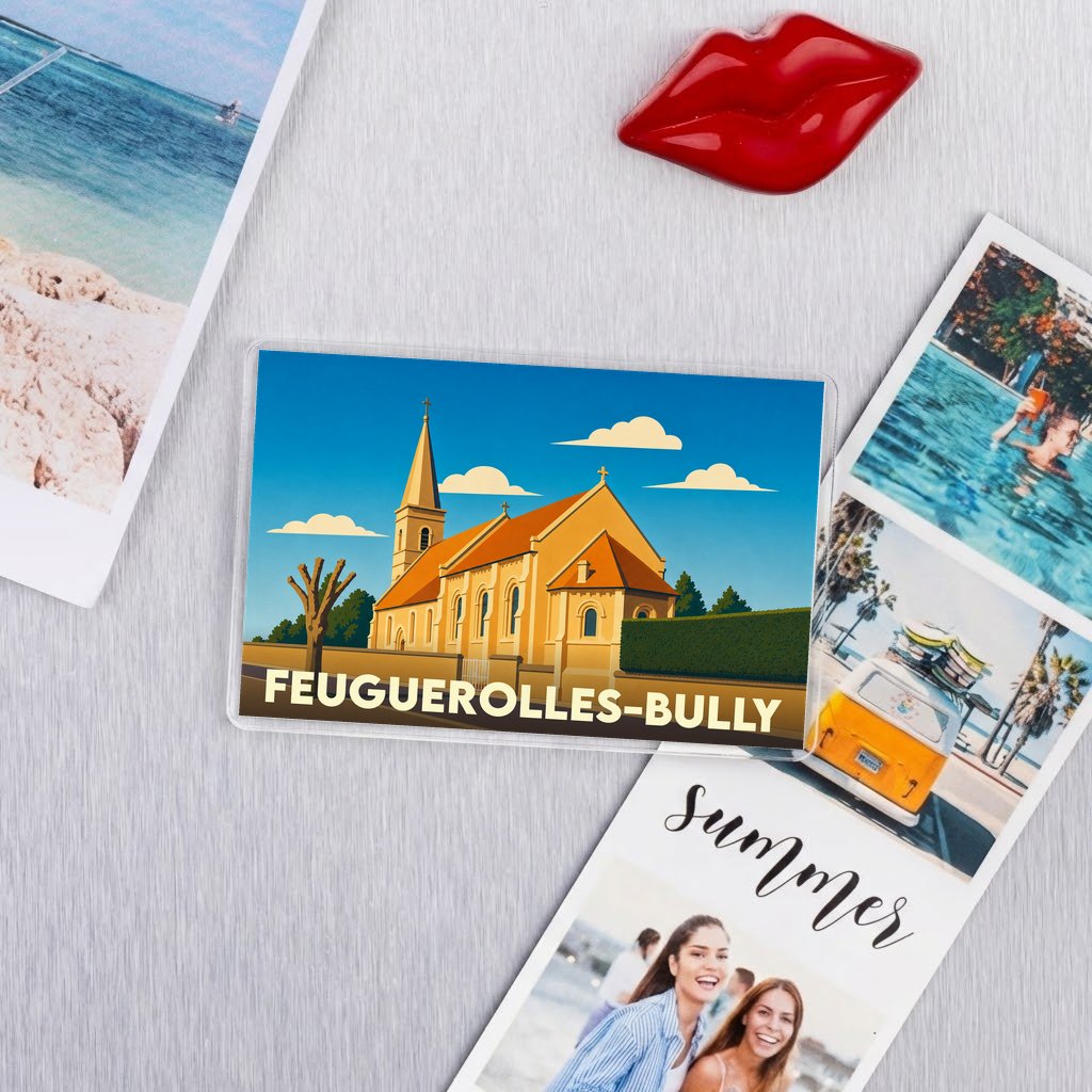 Magnet souvenir de la ville de Feuguerolles-Bully avec une illustration stylisée de son église.