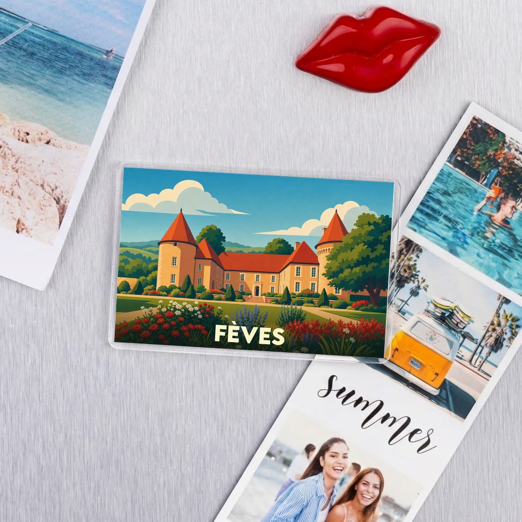 Magnétisme souvenir de la ville de Fèves illustré par un château coloré et stylisé.