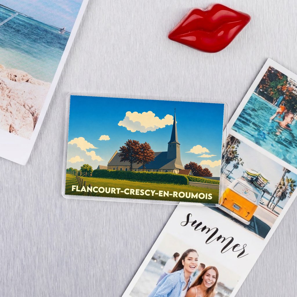 Magnet souvenir de la ville de Flancourt-Crescy-en-Roumois avec une illustration stylisée de son église.