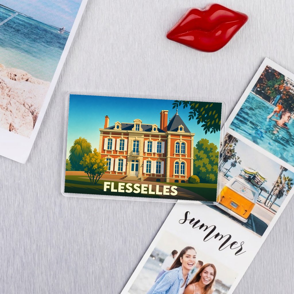 Magnet souvenir de la ville de Flesselles avec une illustration stylisée d'un château.