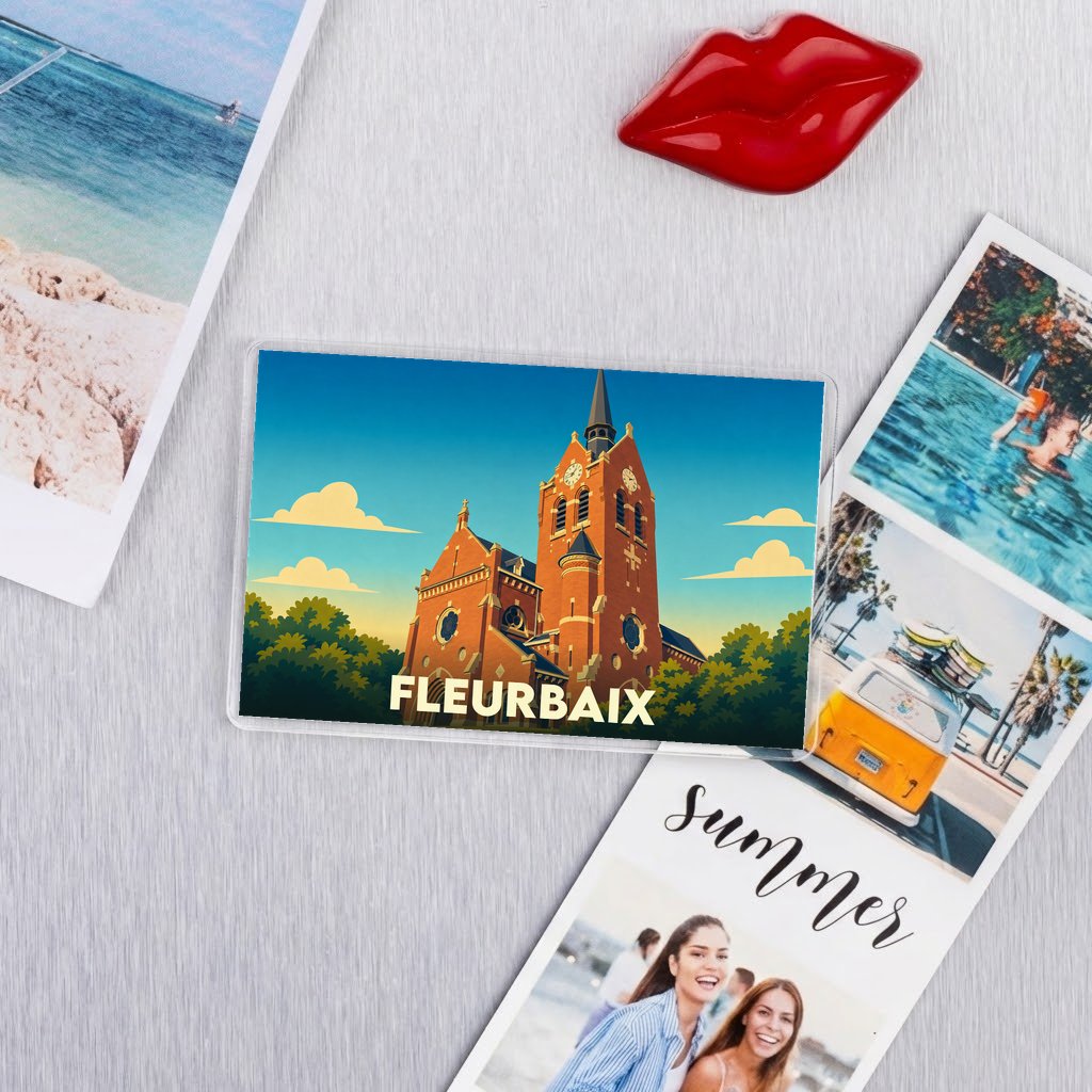 Magnet souvenir de la ville de Fleurbaix avec une illustration stylisée de son église.