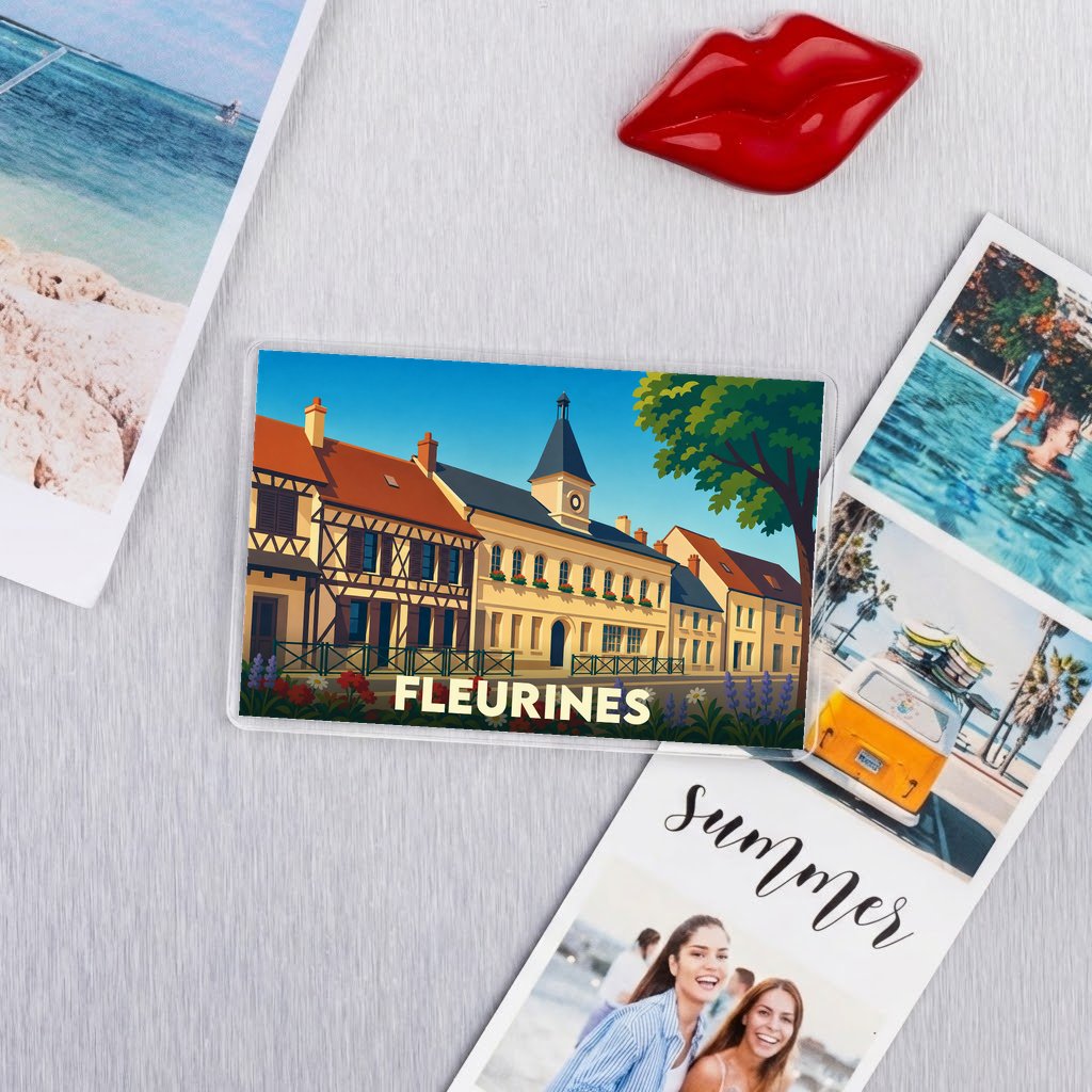 Magnet souvenir de la ville de Fleurines avec une illustration stylisée de ses bâtiments.