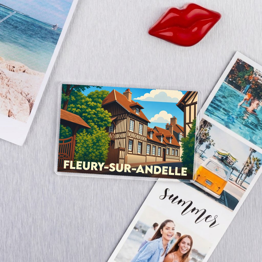 Magnet souvenir de la ville de Fleury-sur-Andelle avec une illustration stylisée de maisons à colombages.