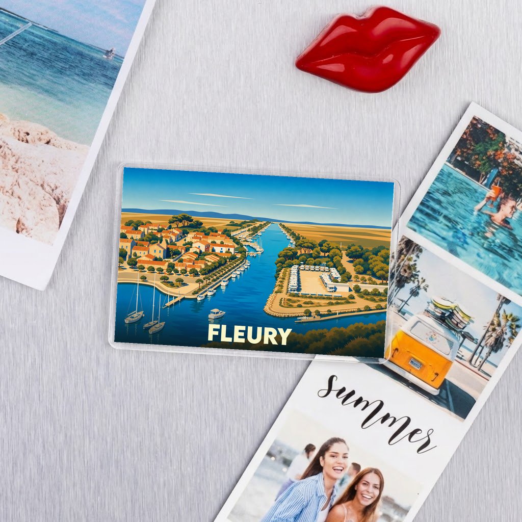 Magnét souvenir de la ville de Fleury avec une illustration colorée et stylisée d'un port méditerranéen.