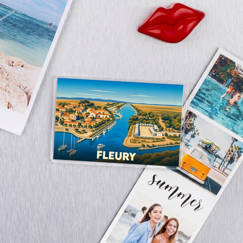 Magnet souvenir de la ville de Fleury avec une illustration colorée de son port de plaisance.