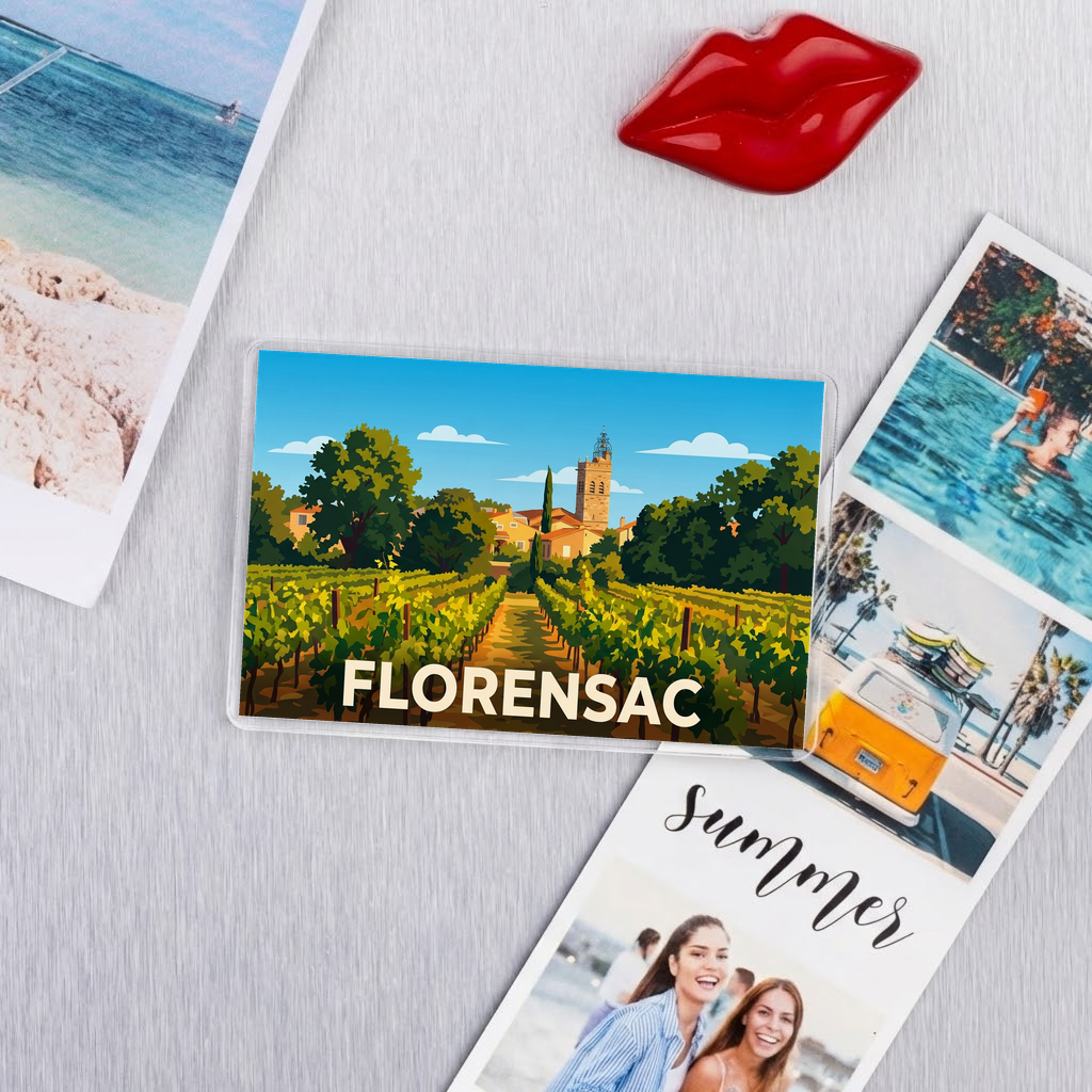 Magnet souvenir de la ville de Florensac avec une illustration stylisée.
