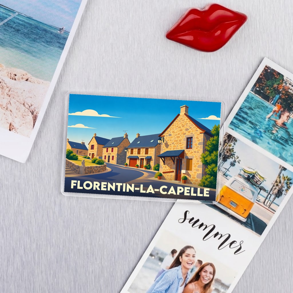 Magnet souvenir de la ville de Florentin-la-Capelle avec une illustration stylisée de maisons en pierre.