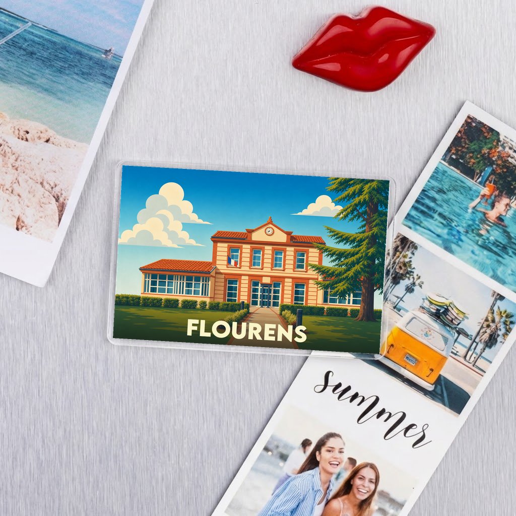 Magnet souvenir de la ville de Flourens avec une illustration colorée de la mairie.