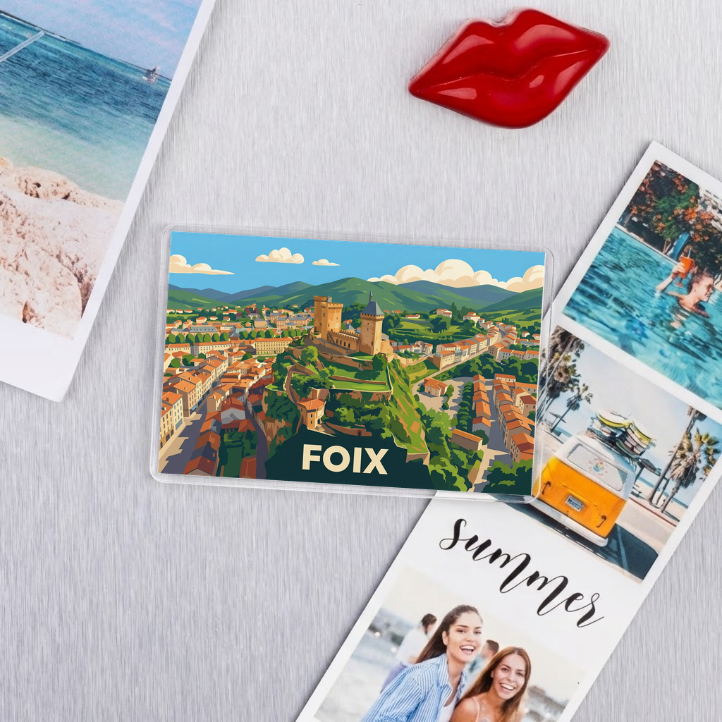 Magnet souvenir de la ville de Foix avec une illustration stylisée.