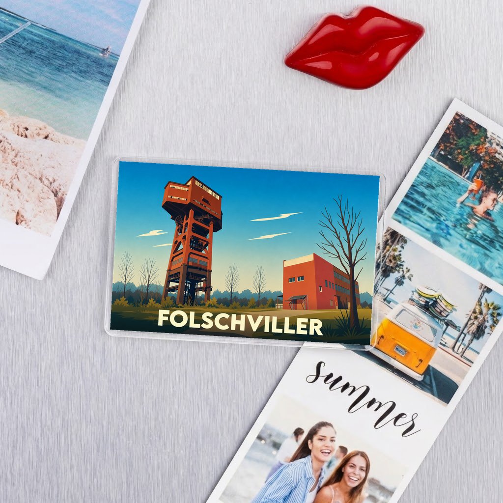 Magnet rectangulaire souvenir de la ville de Folschviller avec une illustration stylisée de son chevalement.