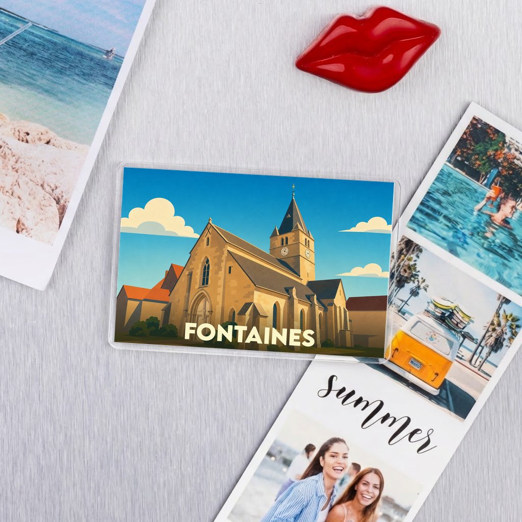 Magnet souvenir de la ville de Fontaines avec une illustration stylisée de son église.