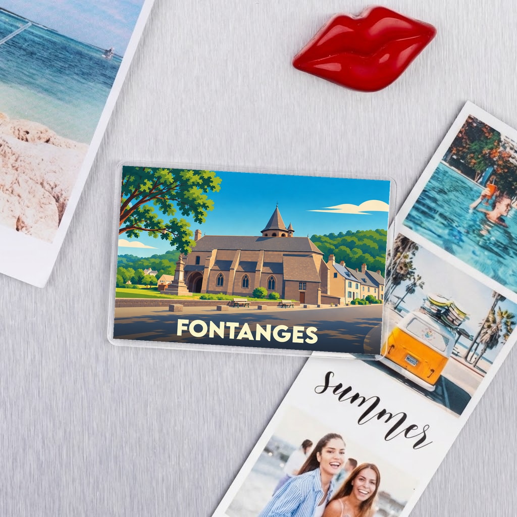 Magnet souvenir de la ville de Fontanges avec une illustration stylisée de son église.