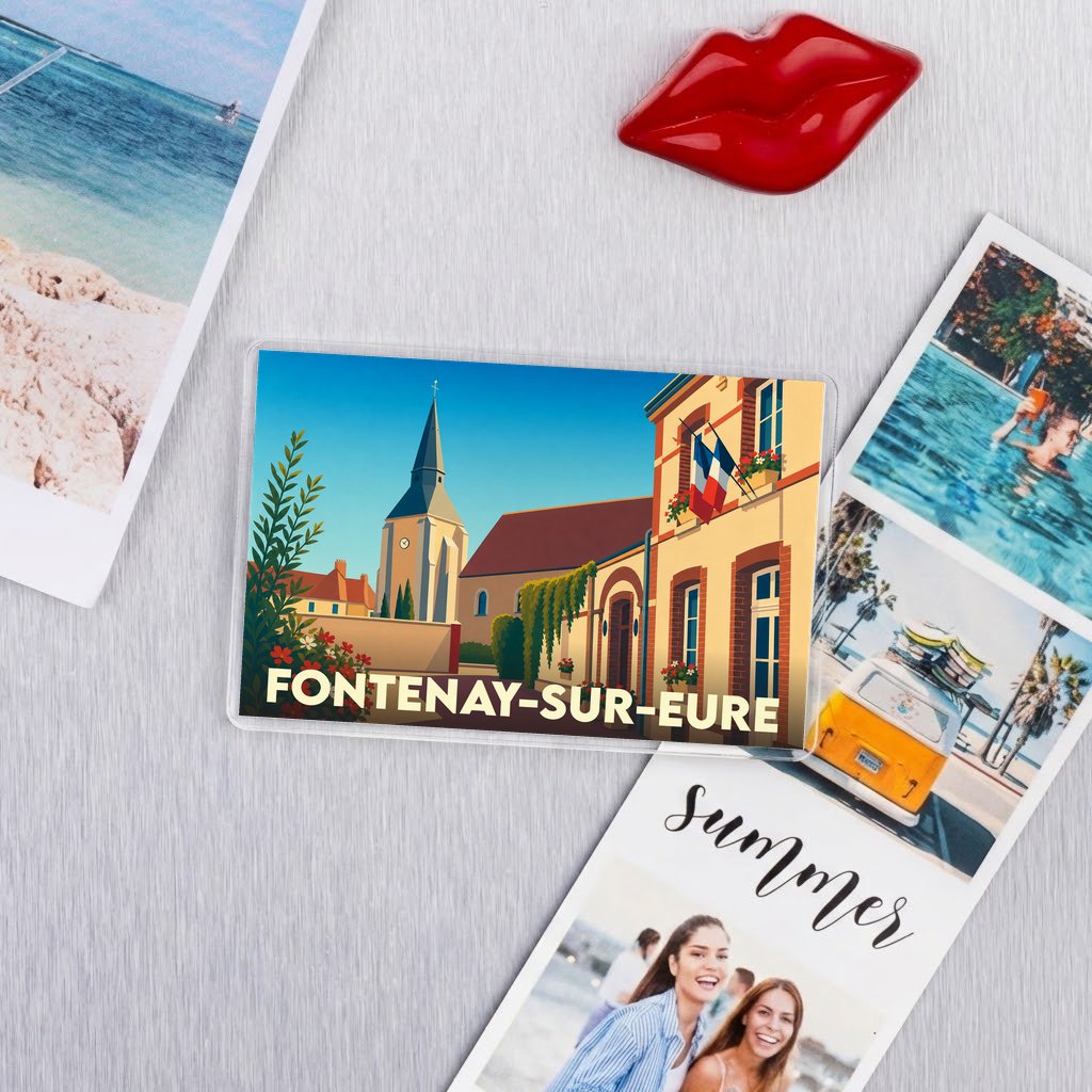 Magnet souvenir de la ville de Fontenay-sur-Eure avec une illustration stylisée.