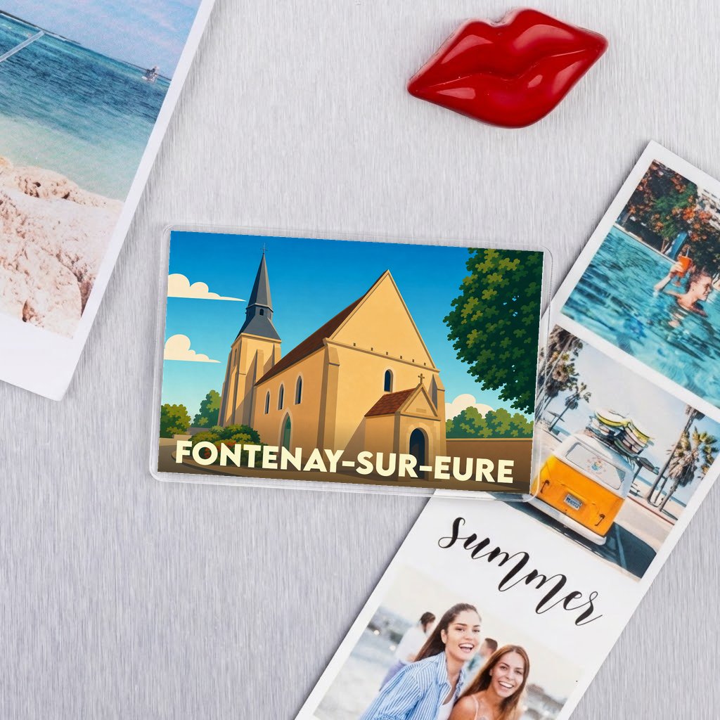 Magnet souvenir de la ville de Fontenay-sur-Eure avec une illustration stylisée de son église.