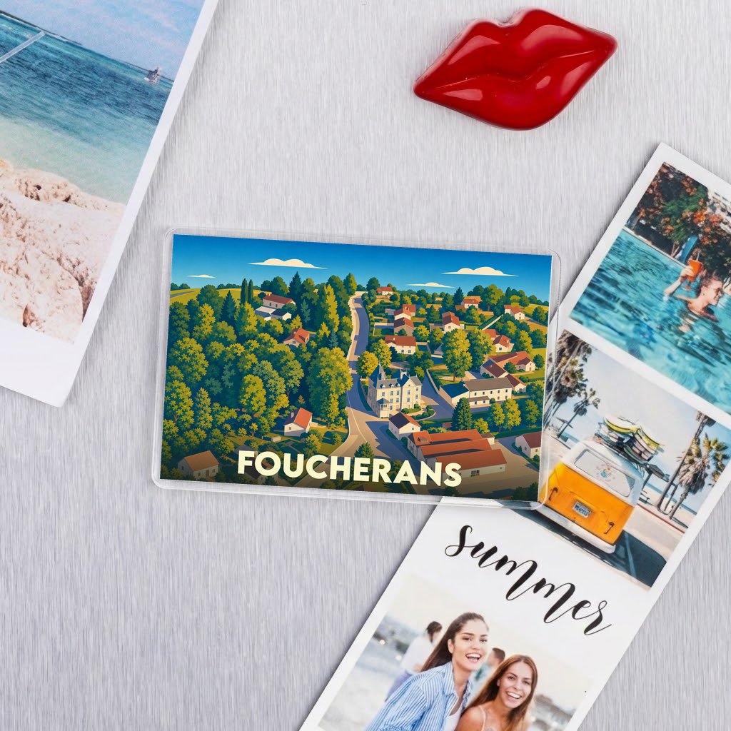 Magnet rectangulaire souvenir de la ville de Foucherans avec une illustration stylisée et colorée.