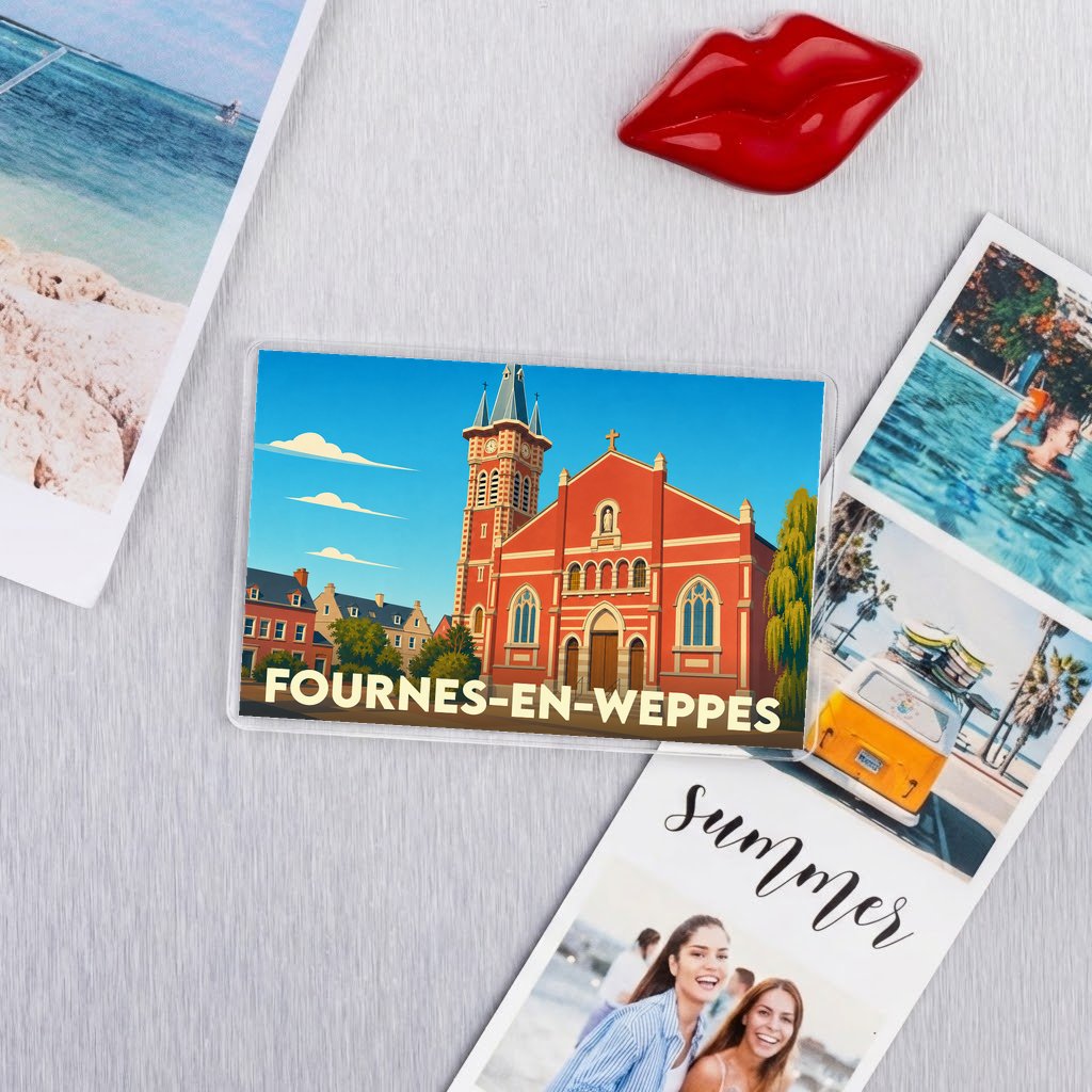 Magnet souvenir de la ville de Fournes-en-Weppes avec une illustration stylisée de son église.