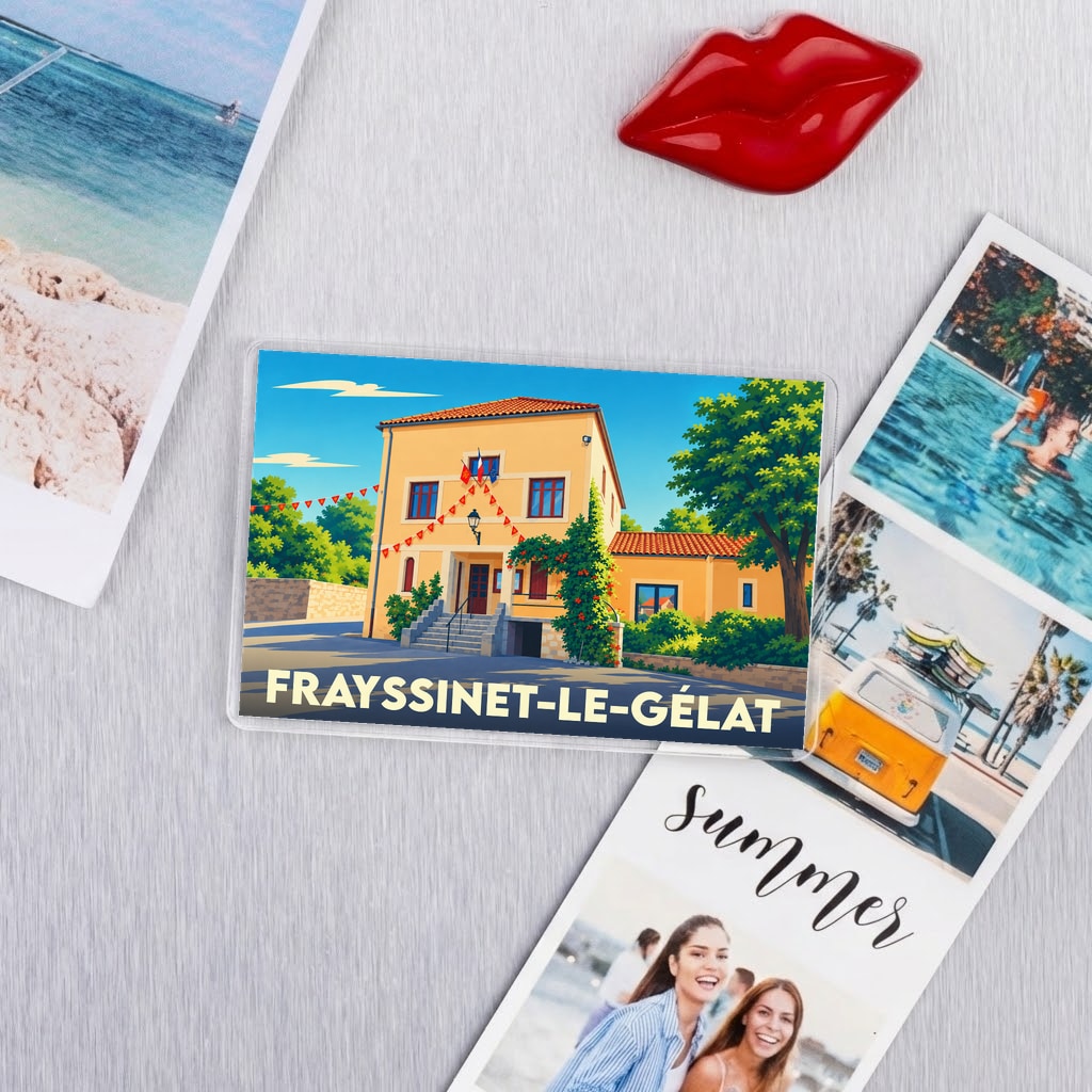 Magnet souvenir de la ville de Frayssinet-le-Gélat avec une illustration colorée et stylisée de sa mairie.