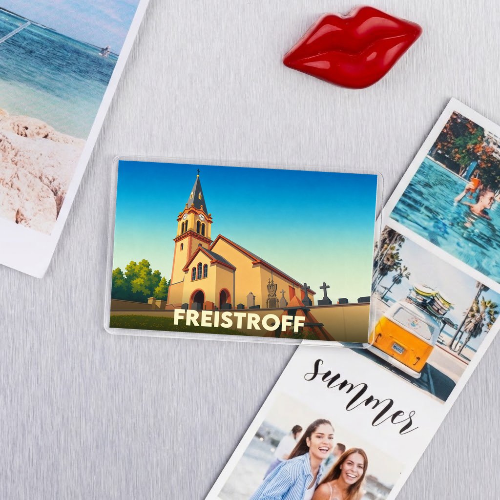 Magnet souvenir de la ville de Freistroff avec une illustration stylisée de son église.