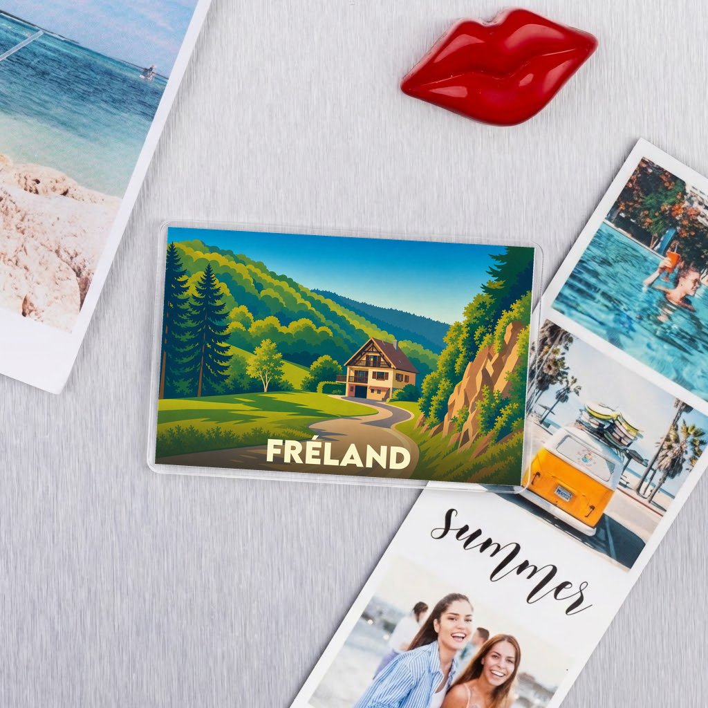 Magnet souvenir de la ville de Fréland avec une illustration stylisée d'un paysage montagneux.