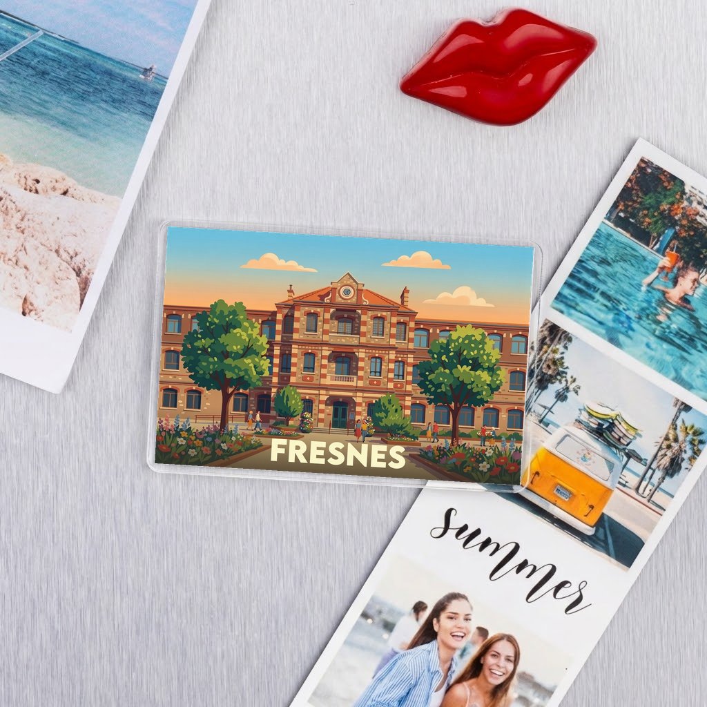 Magnet souvenir de la ville de Fresnes avec une illustration stylisée d'un bâtiment coloré.