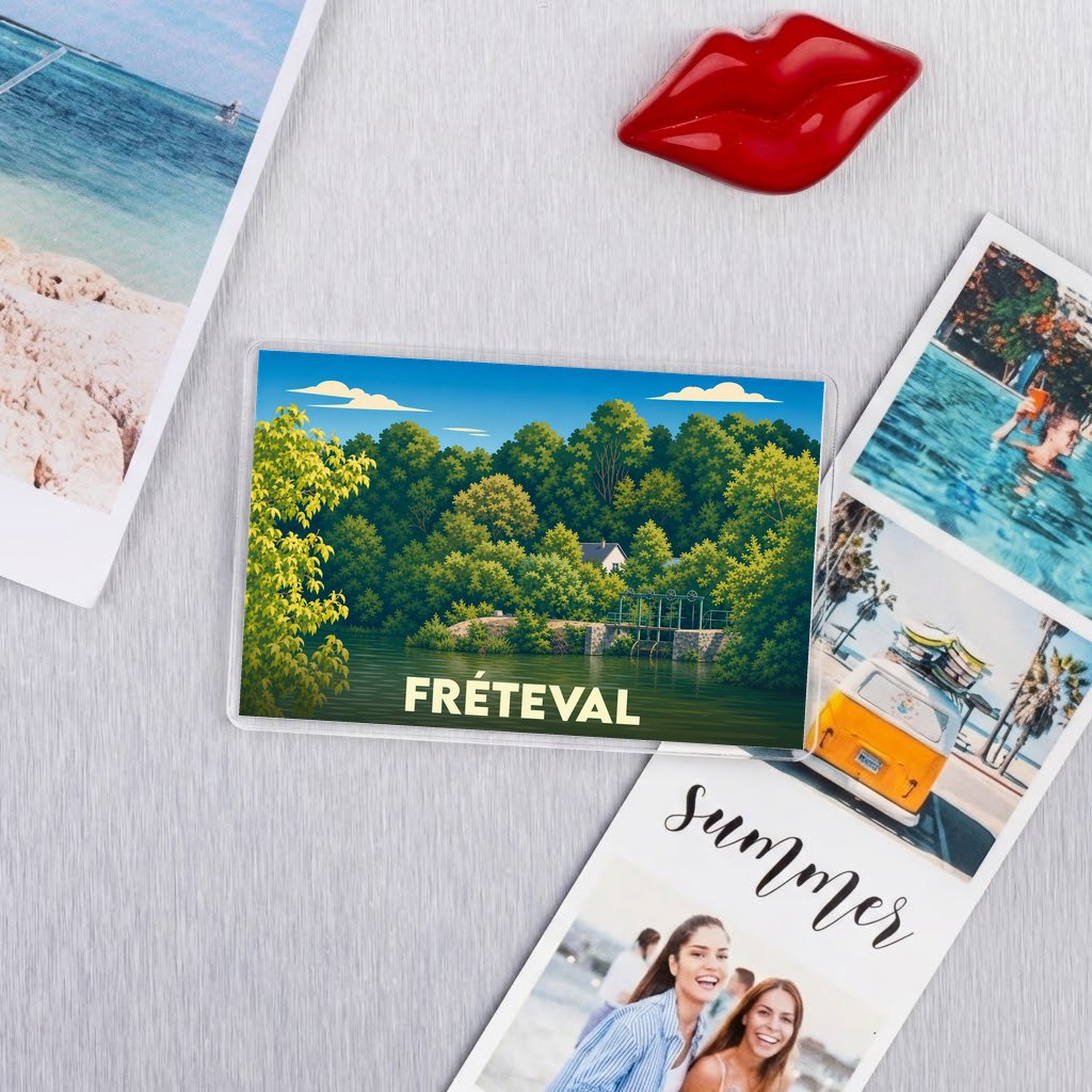 Magnet souvenir de la ville de Fréteval avec une illustration paysagère stylisée.