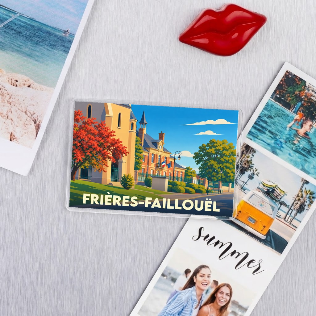Magnet souvenir de la commune de Frières-Faillouël avec une illustration stylisée de sa mairie.